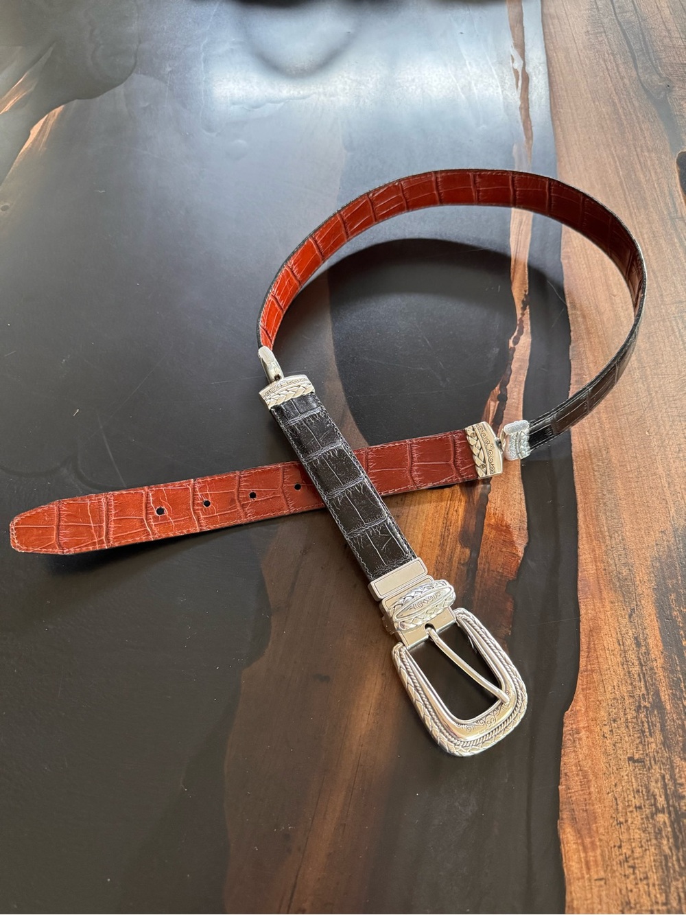 Brighton Two-Tone Croc-Embossed Leather Belt - Black & Brown Size 34 - Picture 2 of 10
